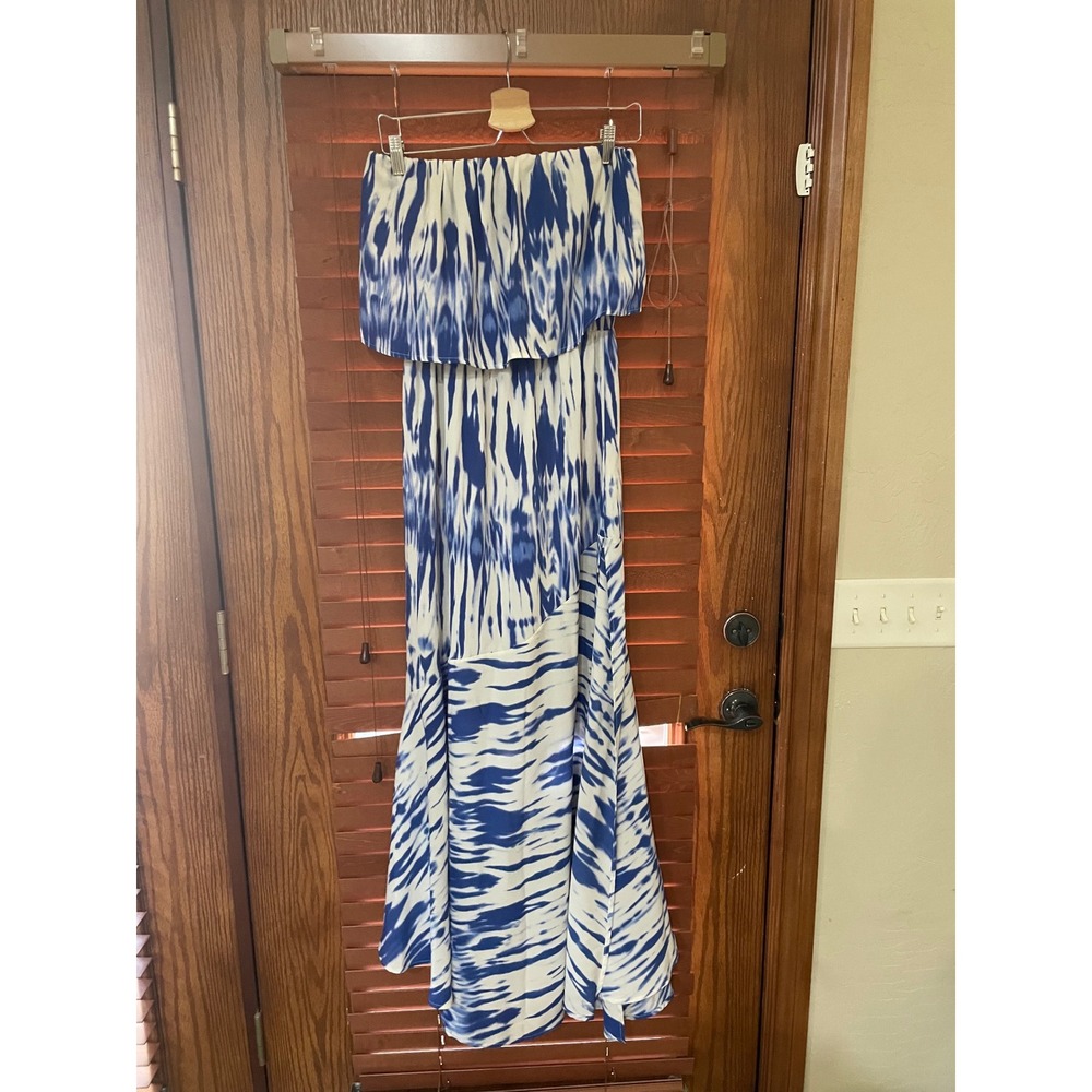 Habitual Blue White Ikat Strapless Popover Maxi Dress Size M Side Slit Summer - Picture 2 of 8